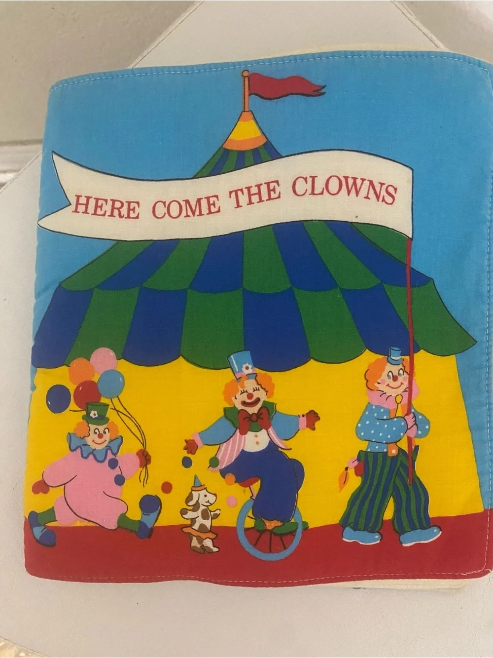 Vintage Here Comes The Clowns Fabric Cotton Kids Soft Colorful Nursery Book 9x9